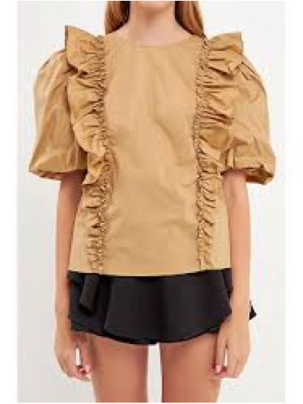 English Factory Beige Ruffle Puff-Sleeve Blouse